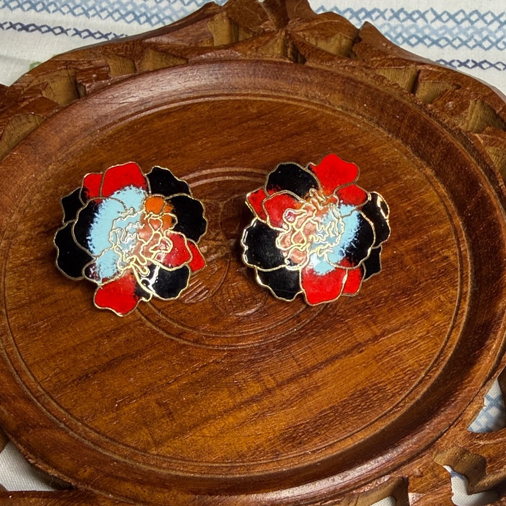 Floral Enamel Clip-On Earrings in Red, Black & Light Blue